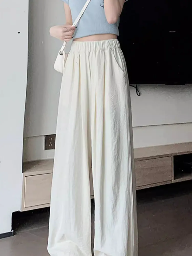 New 2026 Women's High Waist Wide Leg Ice Silk Pants Thin Summer Pure Color Nafu Casual Knitted Pants Breathable Comfortable