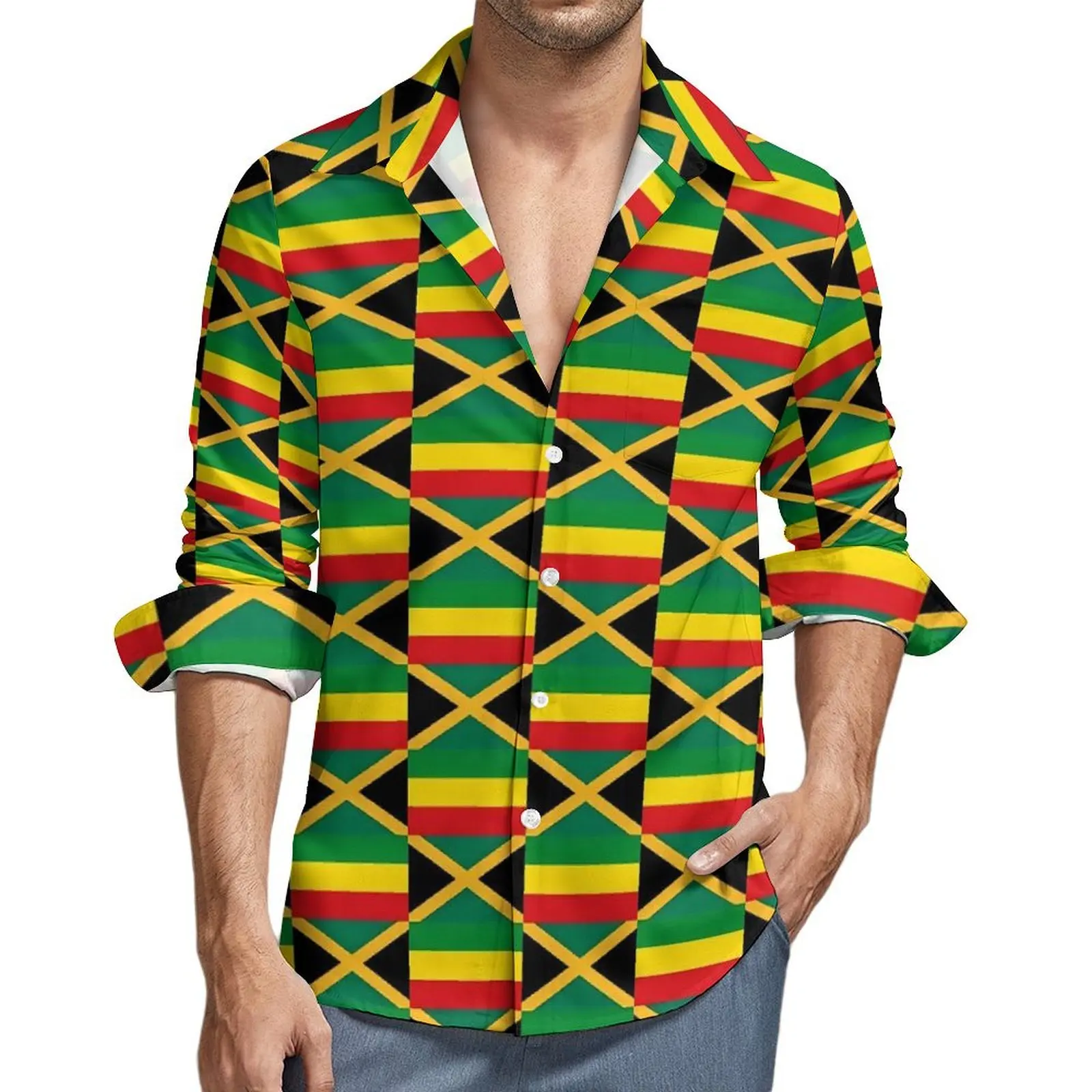 Jamaica Flag Casual Shirt Men Flag of Reggae Harajuku Shirt Autumn Loose Blouses Long Sleeve Design Oversized Top