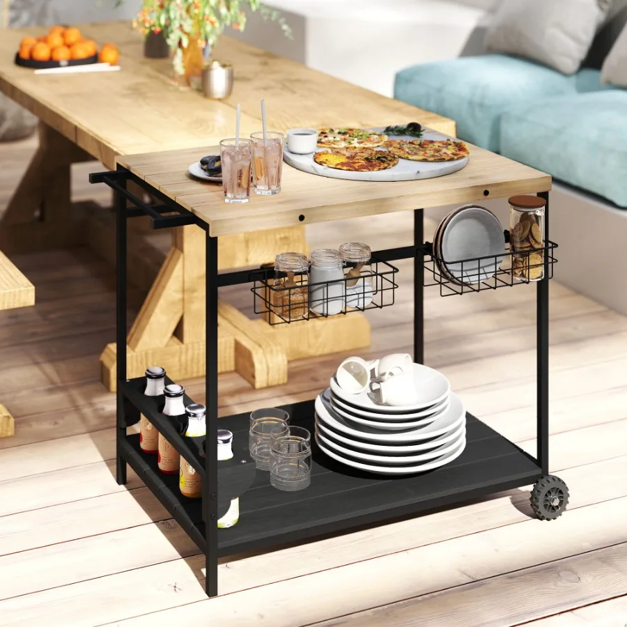 Rolling Beverage Cart: Wooden Outdoor Use Wheels Handle for Mobility Includes Wine Glass Storage