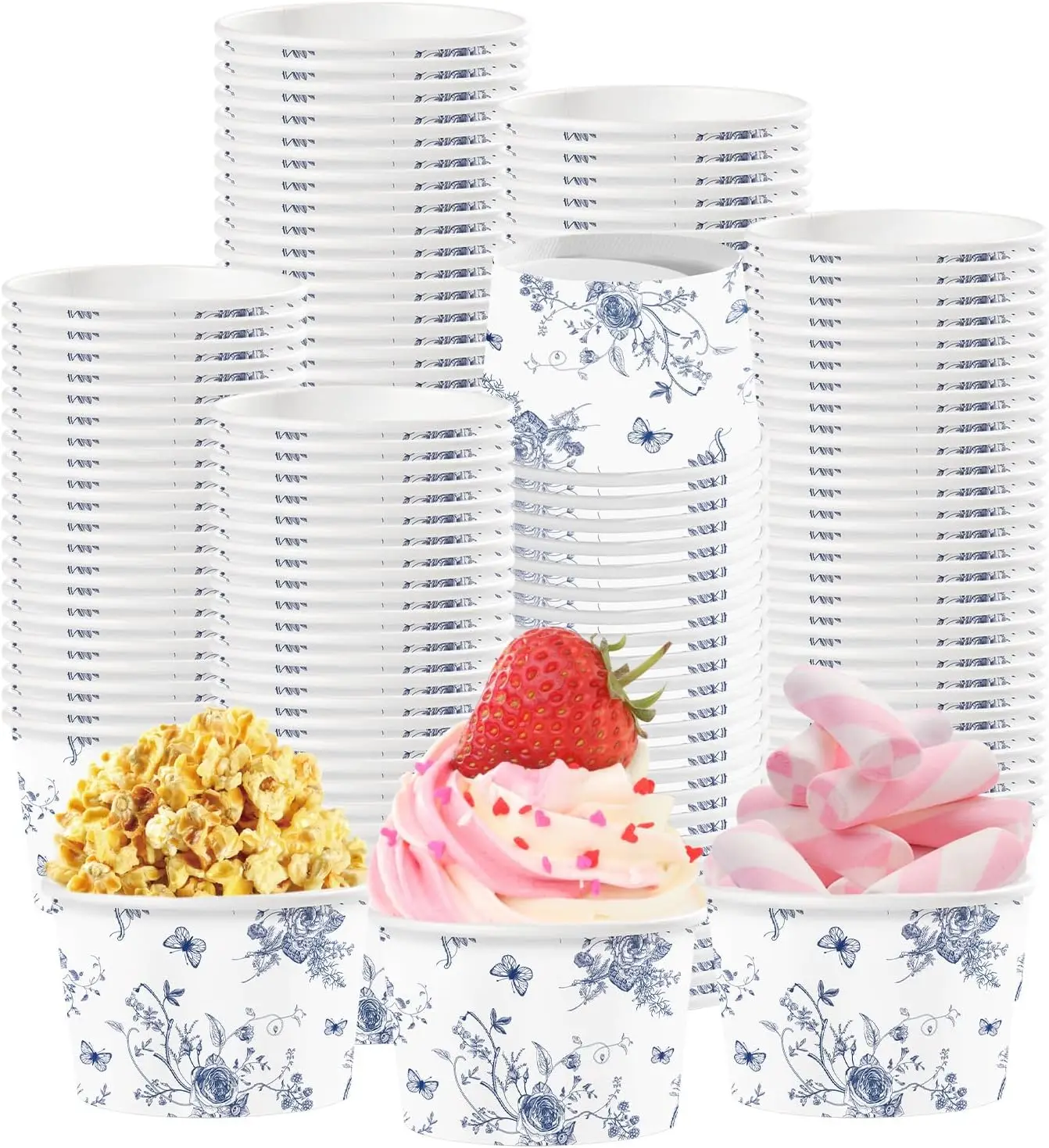 

120Pcs Blue Floral Ice Cream Cups 12 Oz Disposable Blue and White Floral Paper Dessert Snack Bowls Fancy Flower Food Yog