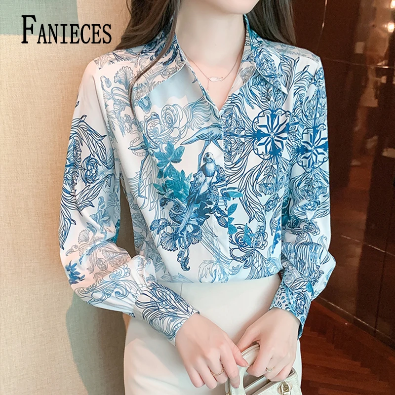 

FANIECES 셔츠 Women Summer Shirt Fashion Blouse Vintage Blue Printed Shirts Casual Loose Lapel Long Sleeve Tops Blusas Femininas