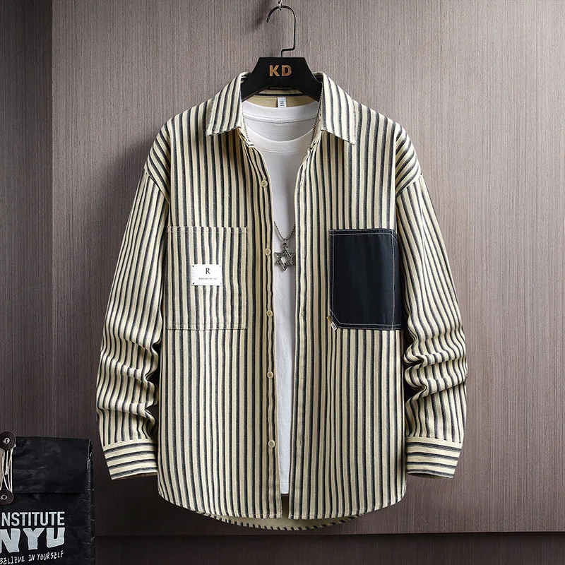 

Мужская повседневная рубашка из чистого хлопка с длинным рукавом, в полоску, свободного кроя, в стиле рабочей одежды, универсальная, осенняя, модная, для поездок на работу