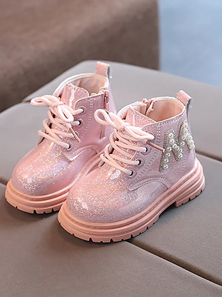 Kids Fashion Rubber Boots Cool Autumn/Winter Cotton soft sole Glitter leather M Pearl Style Zipper Girls\' shoe