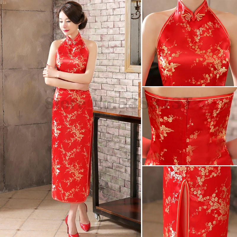 

Plus Size 3XL Qipao Sexy Backless Sleeveless Cheongsam Retro Classic Brocade Chinese Vestidos Traditional Printed Flower Dress