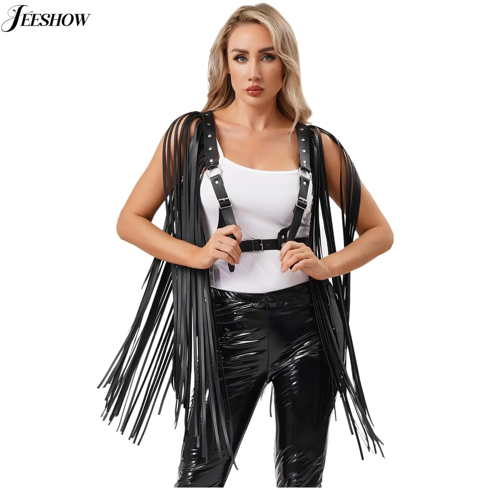 

Womens Steampunk Faux Leather Tassel Cape Long Fringed Adjustable Chest Belt Shrug Shawl Tops for Halloween Rave Party Accessory
