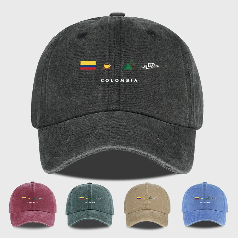 Casquette de baseball délavée avec imprimé montagne et drapeau colombien – Chapeau de soleil léger et réglable pour les voyages, les vacances à la plage et les loisirs