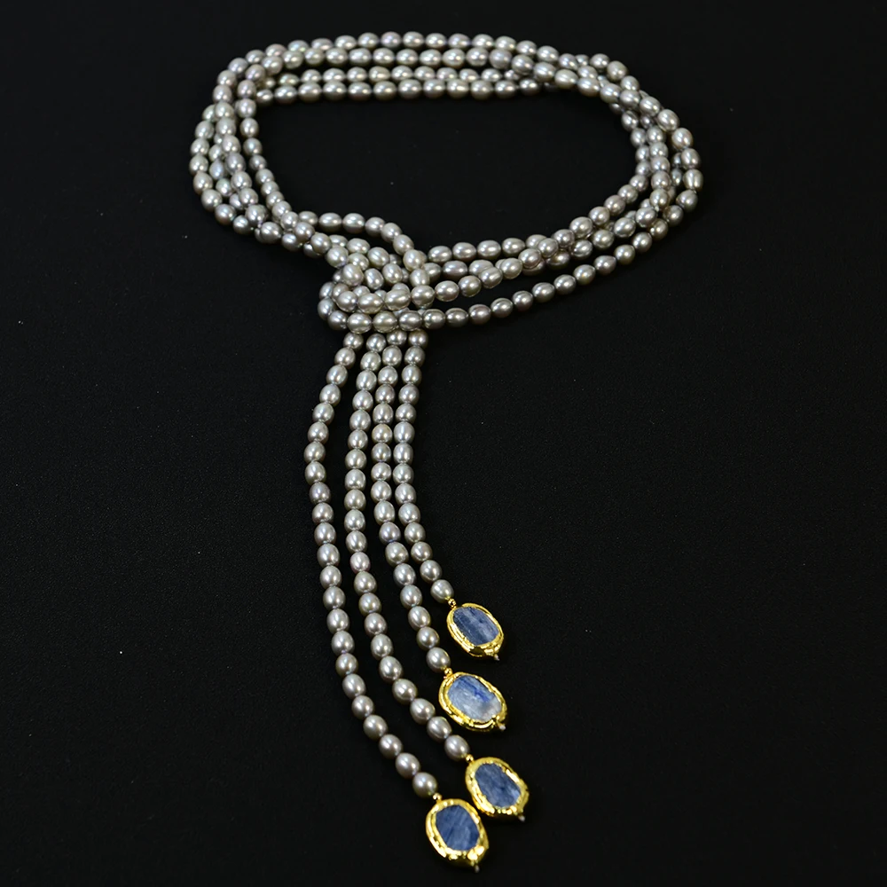 GG 2 Strands Cultured Gray Rice Pearl Gold Plated Blue Kyanite Edge Lariat Long Sweater chain Necklace Handmade For Lady