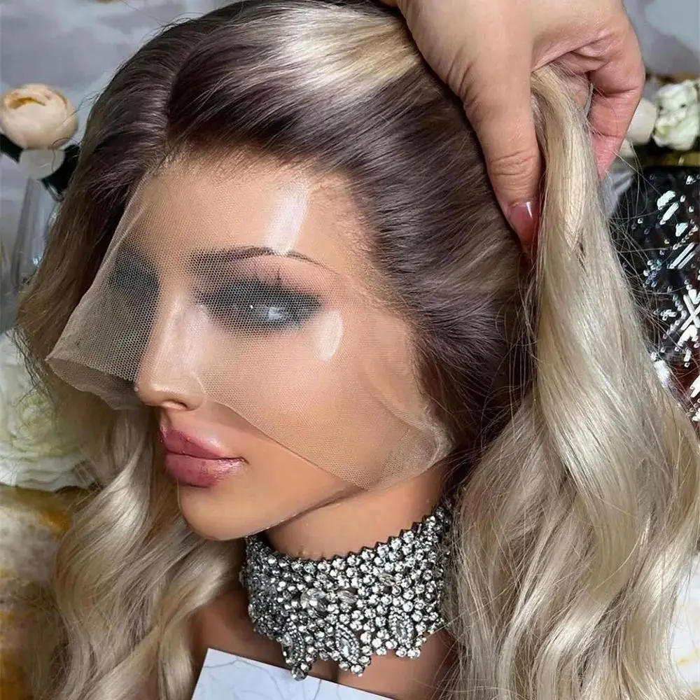 

Предварительно выщипанный бесклеевой парик для женщин Платиновый пепельно-русый синтетический парик фронта шнурка Темные корни Термостойкий парик Косплей Ежедневное использование