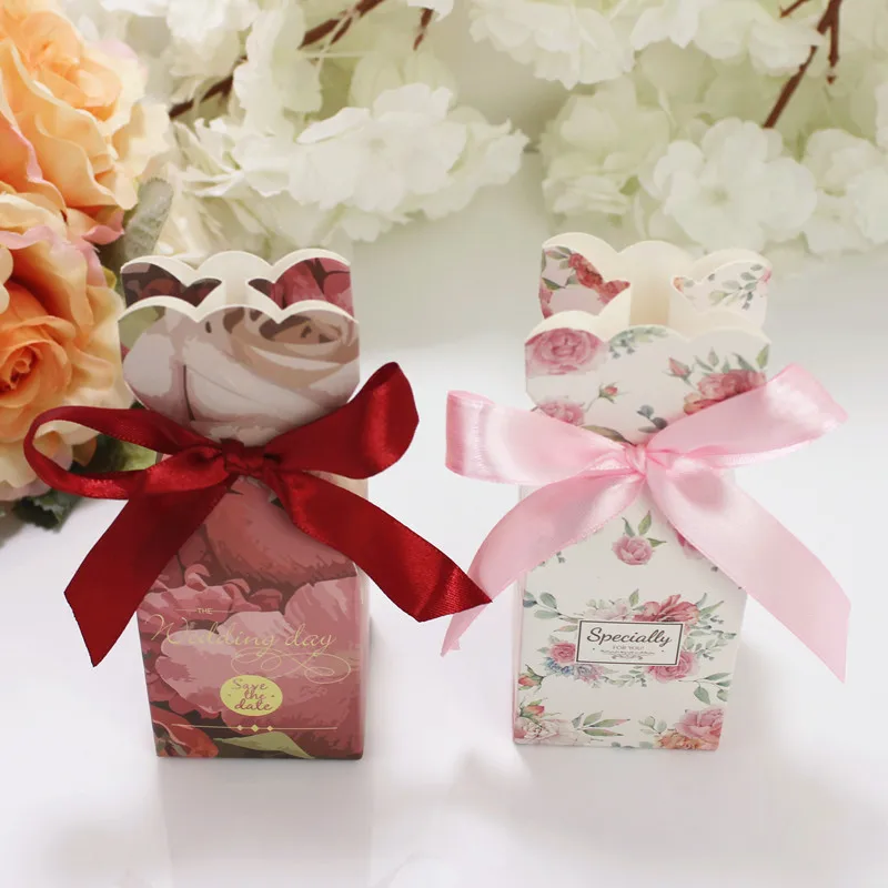 10 Stück Fischschwanz-Vase, Pralinenschachtel, Blumenmuster, Hochzeitstag, Geschenkbox, Verpackung, Box mit Band, Babyparty, Geburtstag, Party-Dekoration – Detail 3