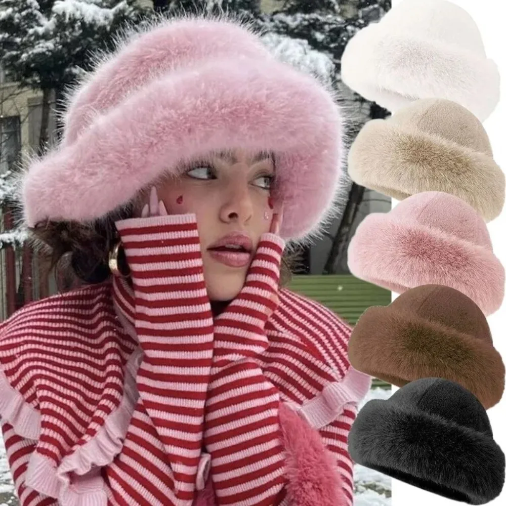 New Fluffy Fur Winter Hat Solid Color Thicken Bucket Hat Cold Windproof Berets Chrismas Gifts