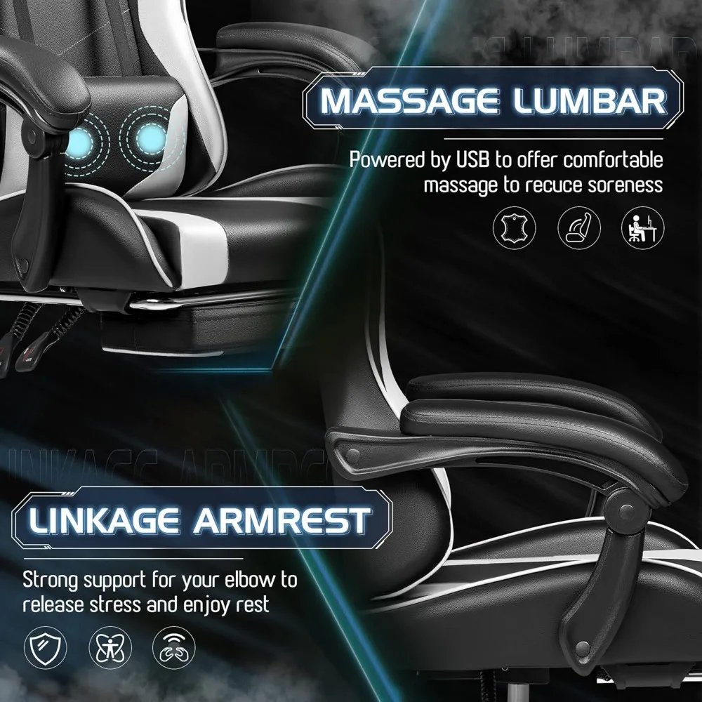 كرسي ألعاب مريح قابل للتعديل مع مسند للقدمين، دعم قطني للتدليك لعشاق ألعاب الفيديو