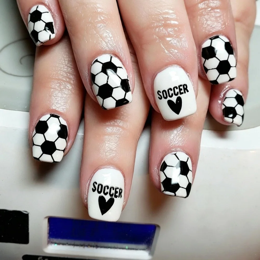 

24PCS Soccer Themed Press on Nails Black White Football Pattern False Nails Short Square Cute Style Acrylic Nail Tips Reusable
