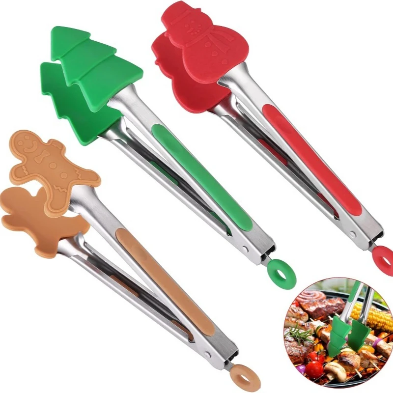 

Stainless Steel Silicone Food Tongs Gingerbread Man Snowman Christmas Tree Cooking Tongs for Steak Bread Kitchen Utensils Set