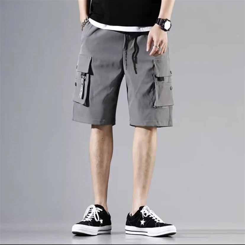 2024 Summer Beachwear Cargo Shorts Ribbons Hip Hop Short Pants For Men Wide Leg Multi Pockets Casual Street Wear