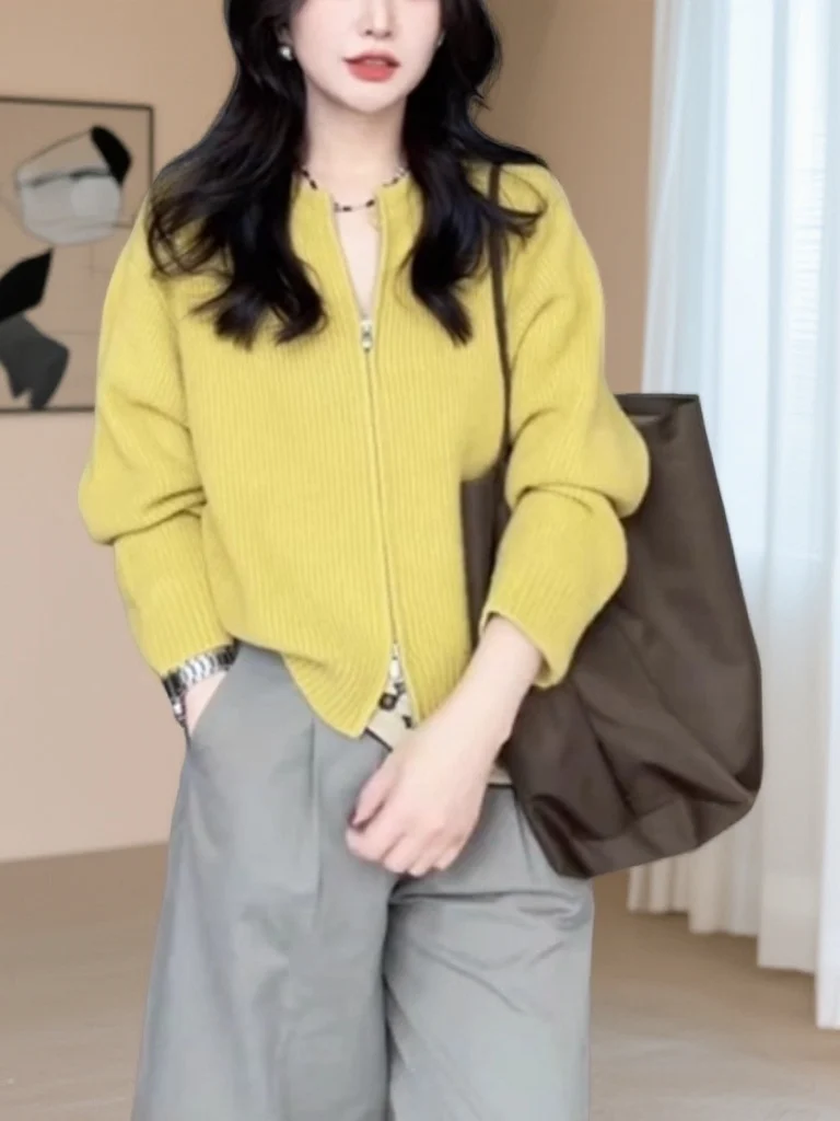 

Spring 2026 Casual Faion Simple Open Cardigan Sweater Women Loose Versatile round Ne Zipper Long Sve Knitted irt