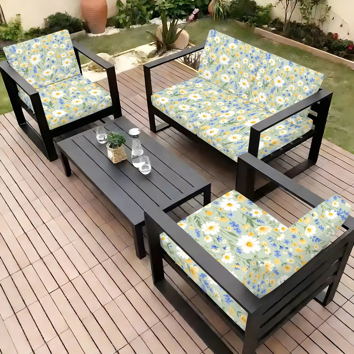 6/8pcs Vintage Watercolor Daisy Flower Outdoor Couch Cushion Cover, Removable Washable Patio Furniture Slipcover