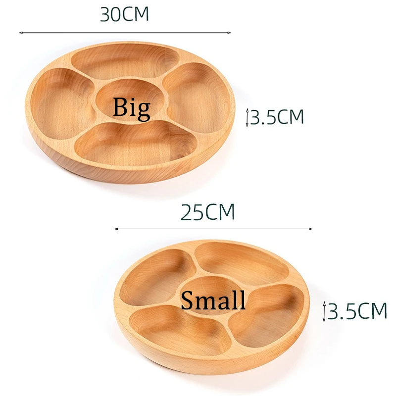 Creative Home Living Room Fruit Tray Solid Nature Wood Partition Plate Hotel Snack Five Plaid Storage Tray Round Dry Fruit Snack