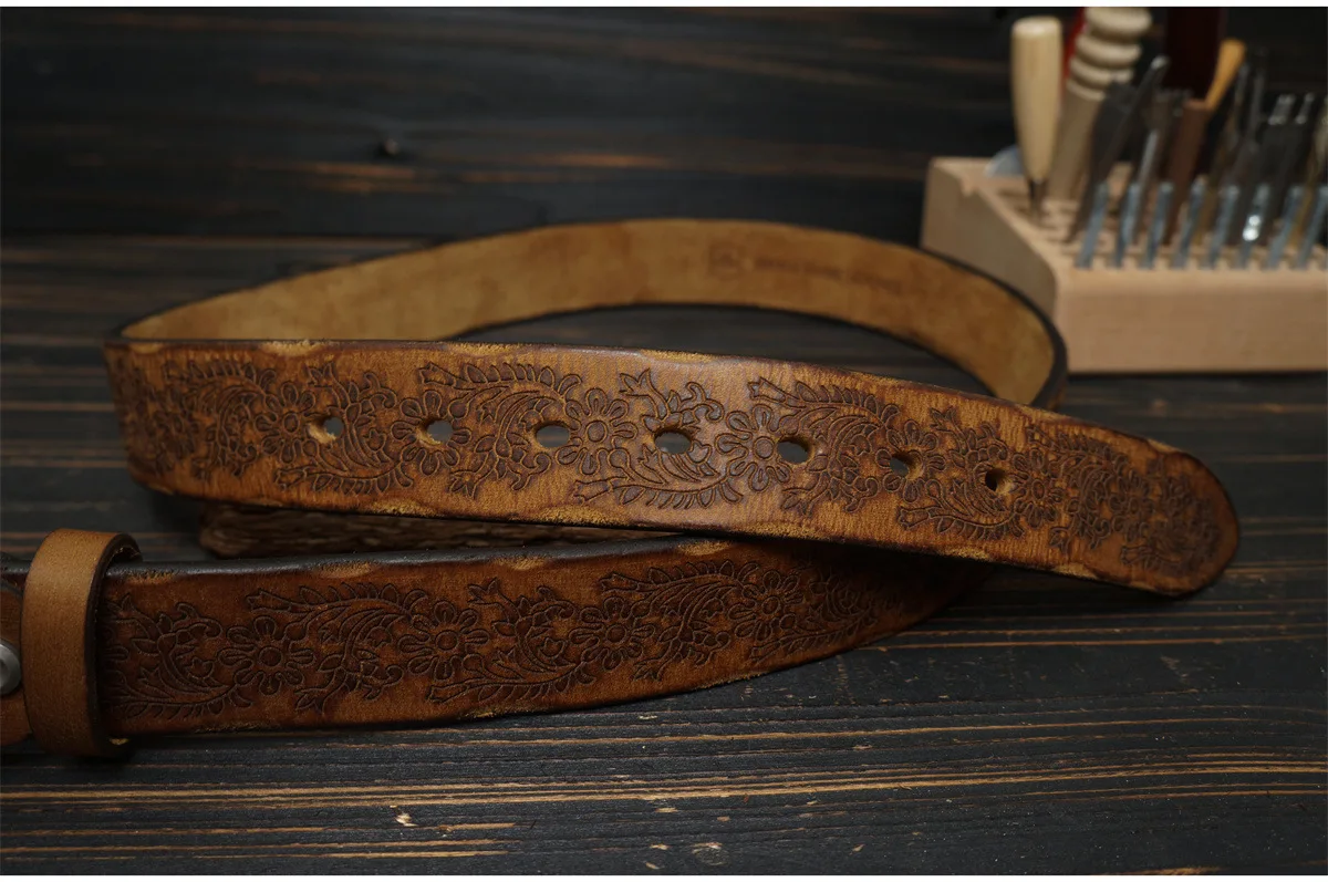 Men's thickened pure steel hand-carved color-brushed retro belt versatile casual top layer pure cowhide belt