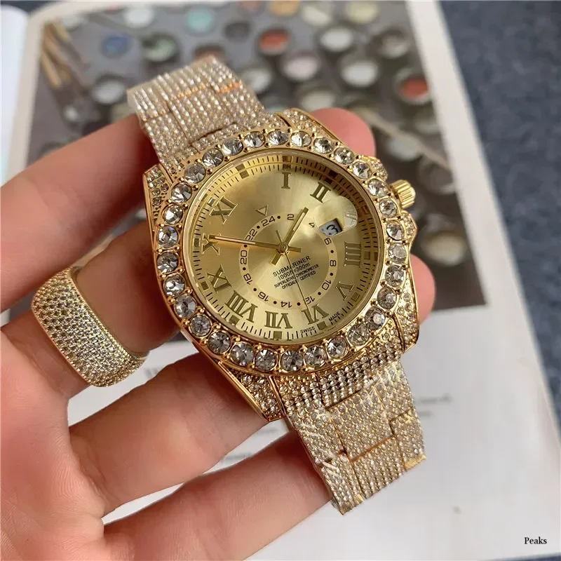 2025 Hip Hop Green Diamond Watche for Men Fashion Automatic Date Quartz Clock Dress Square Iced Jewelry WristWatch Man for Gift