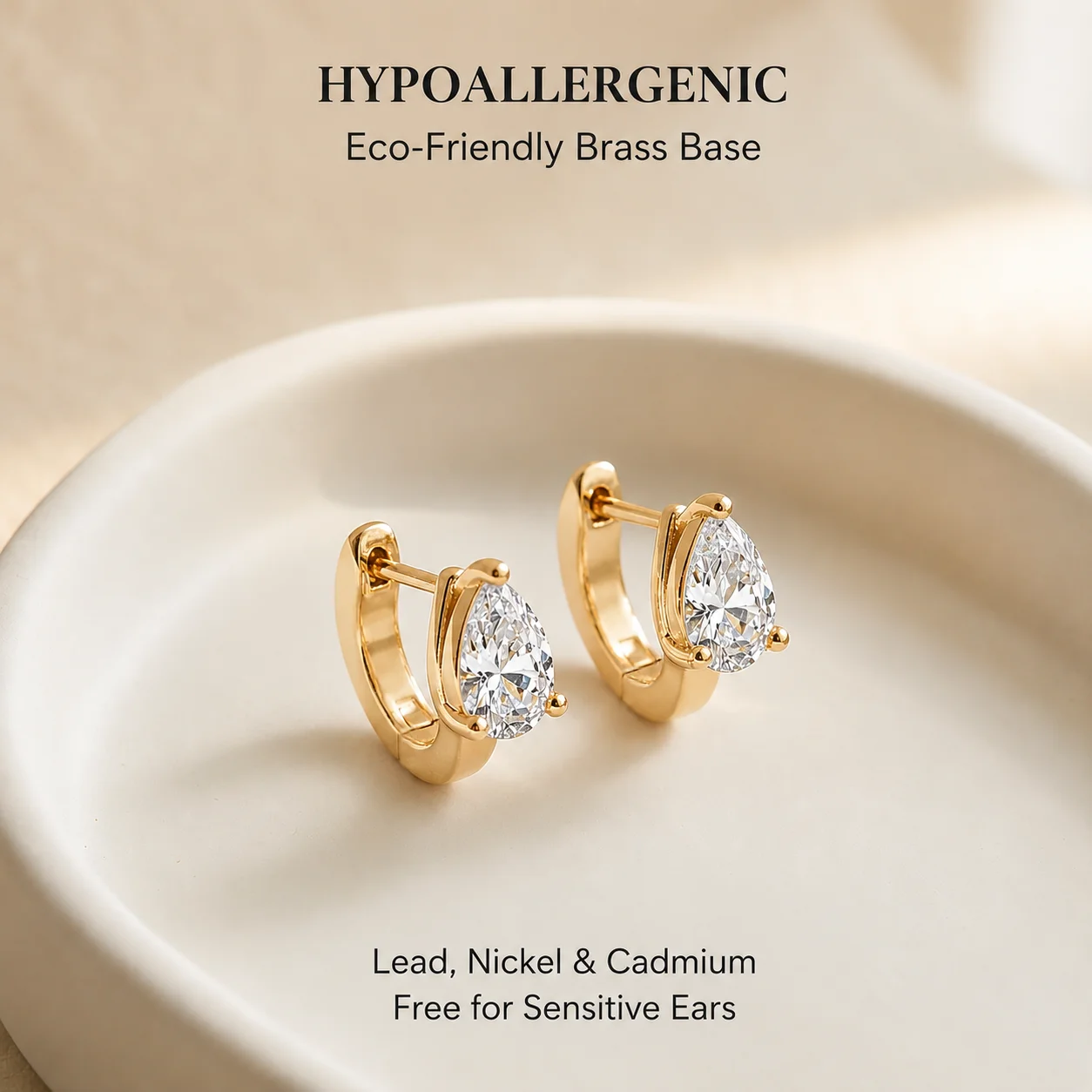 Moonmory Minimalistische Luxus-Marken-Schmuckstücke, Messing-Ohrringe im Birnen-Schliff für Damen, 5A 14K Doppel-Goldplattierung, Zirkon-Creolen – Detail 5