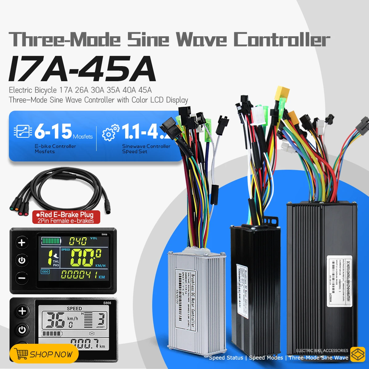 

Three-Mode Sine Wave 36V 48V 52V 17A-45A Controller with Learning Function S866 Display for 250W-2000W Electric Bike Kit Parts