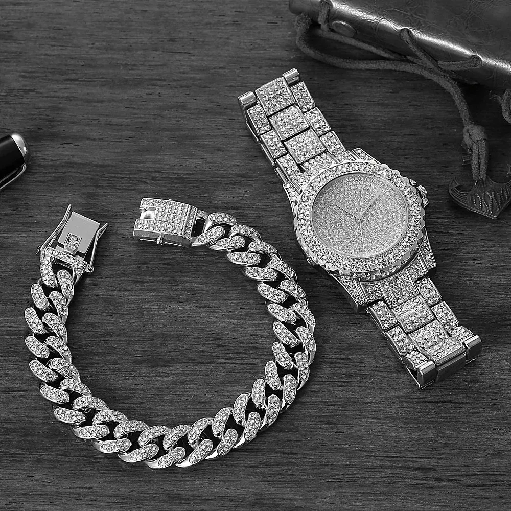 Reloj + pulsera para mujer, cadena cubana con dijes, reloj con diamantes, pulsera de oro de lujo, conjunto de joyería