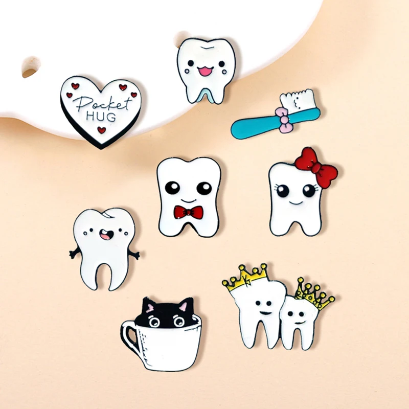 Cute Teeth Enamel Brooch Bow Hairpin Tooth Crown Toothbrush Cartoon Metal Badge Punk Clothing Lapel Pin Jewelry Accessories Gift