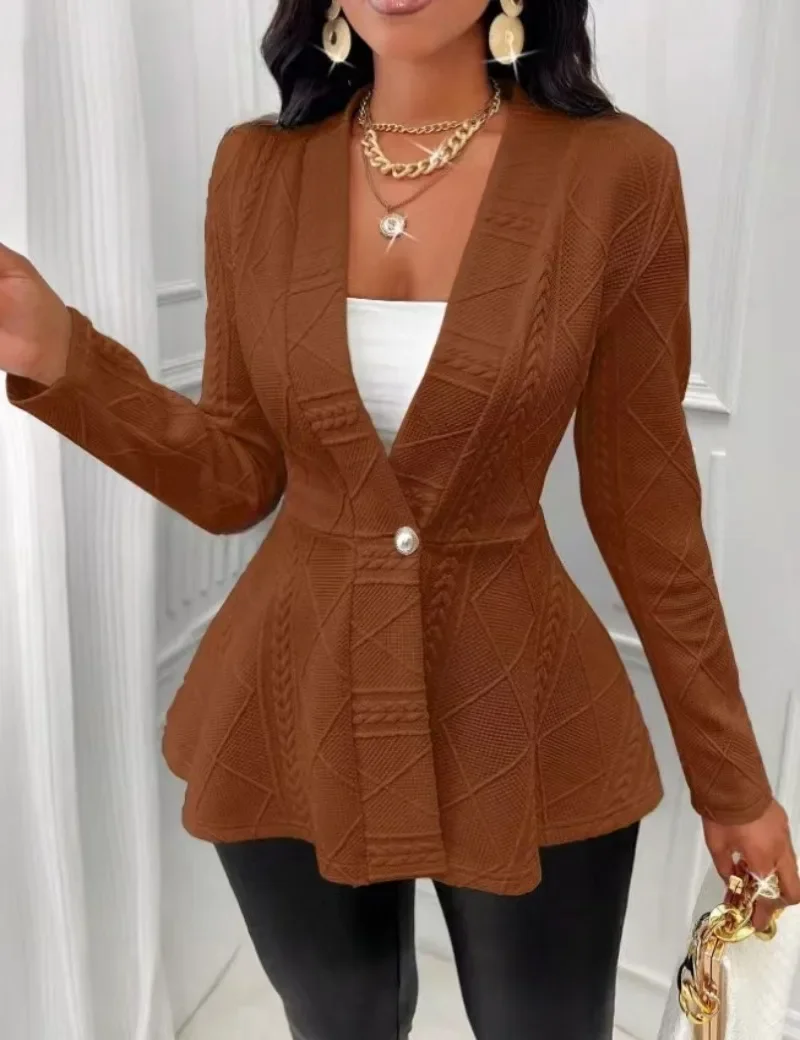 2024 Autumn Women\'s Chic Textured Jacket With Beaded Buttons V-Neck Ruffled Elegance Long Sleeves Ruffled Hem Perfect Outerwear