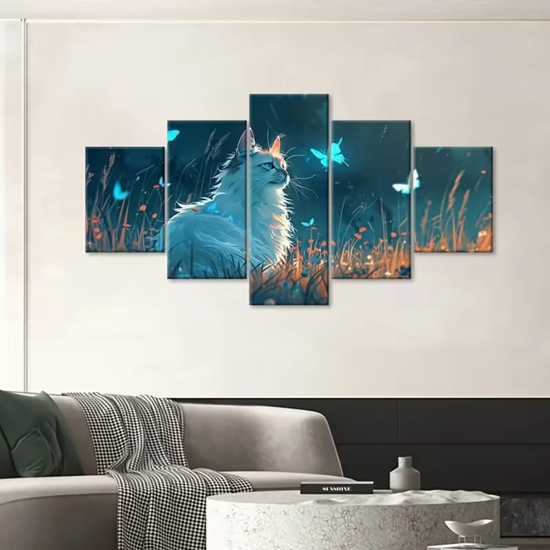 5pcs Art Deco Cat & Butterfly Wall Art - Elegant Modern Animal Prints Suitable for Home, Office, Living Room, - 5 Panel Unframed