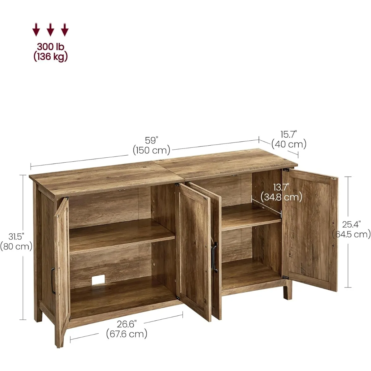 Storage cabinet with adjustable shelves, buffet sideboard for living room, entryway, 15.7" deep x 59" wide x 31.5" high