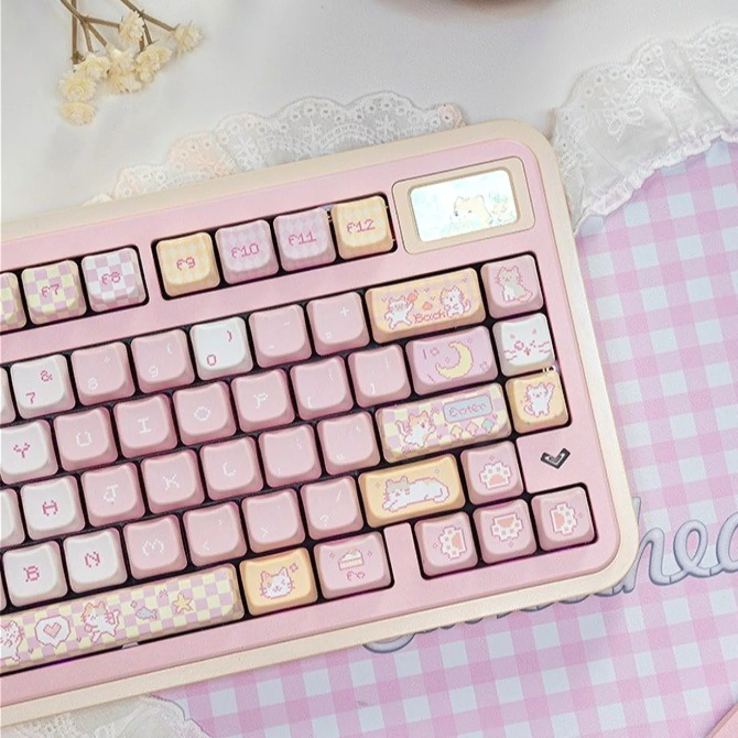 Cute Cat Theme MAO Keychain Kit PBT 132 Keycap Compatible 60 68 75 87 98 99 104 Mechanical Keyboard