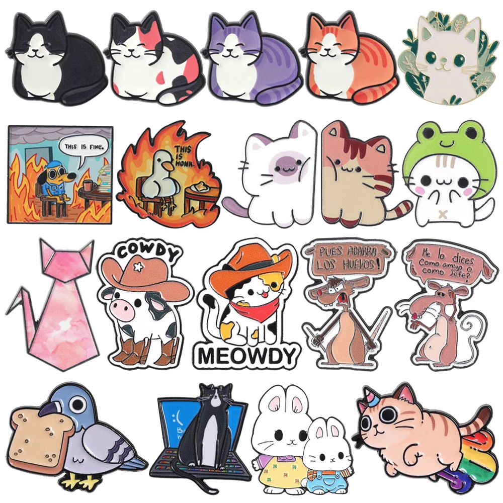 Cute Cowboy Cat Enamel Brooch Animal Pin Fire Dog Duck Bread Pigeon Computer Rabbit Cow Cute Metal Badge Jewelry Gift For Friend
