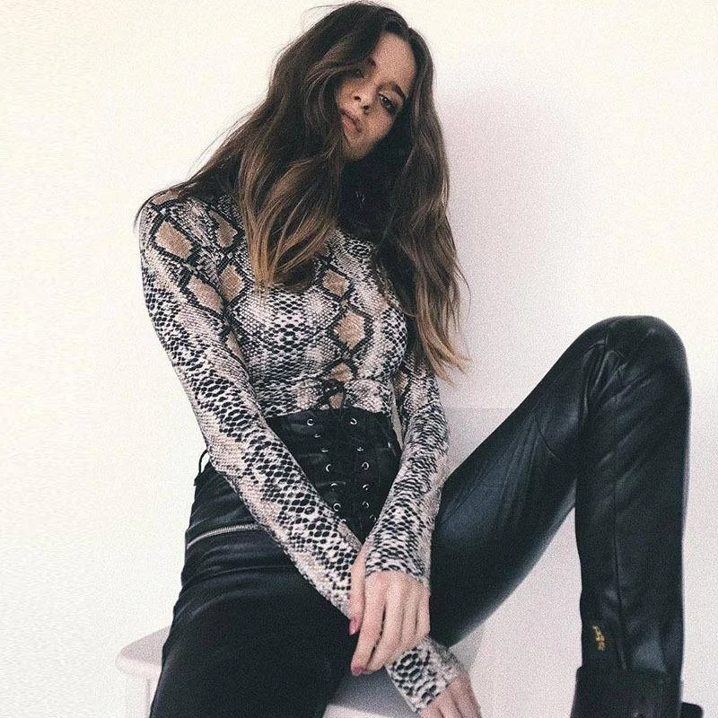 

Sexy Snake Print Base Shirt High Collar Long Sleeve One-Piece Women's Clothing Autumn Season Cross-Border Fashion Short Pants