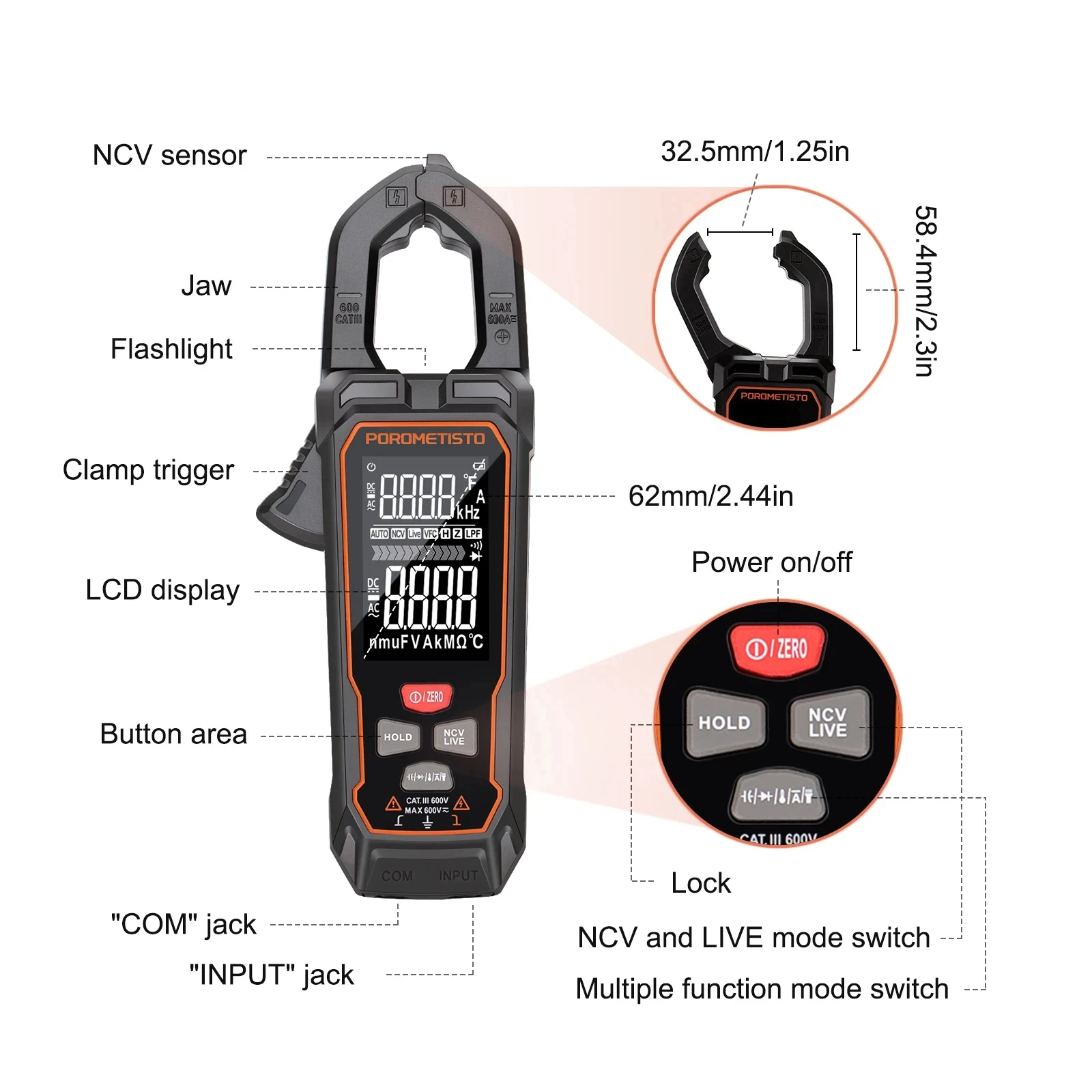 POROMETISTO CM01 Digital Clamp Meter 9999 Counts DC/AC Current 600A Clamp True RMS Auto Range Temp Capacitance Ohm Ammeter Plier