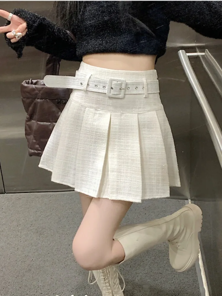 

Pleated Skirts Women with Sashes Sexy Cute Retro Korean Fashion Style Autumn Winter Clothes Plaid