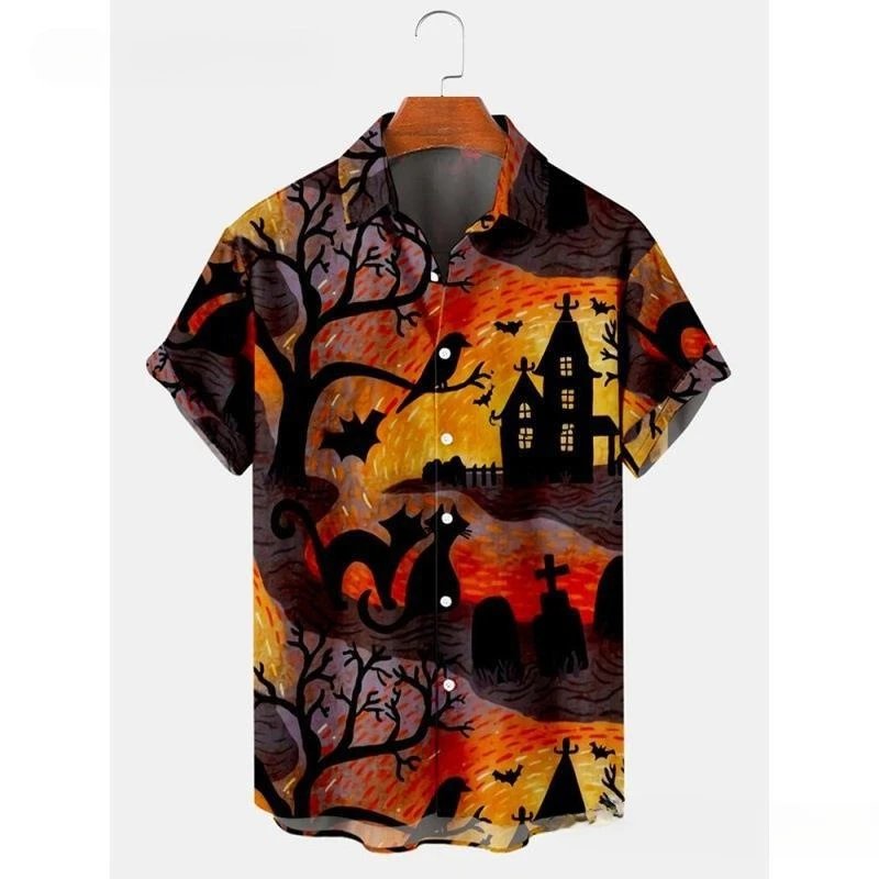2026 Independent Site Creative Elements Printed Summer Vacation Loose Notched Collar Plus Size Short Sleeve Men's Shirt