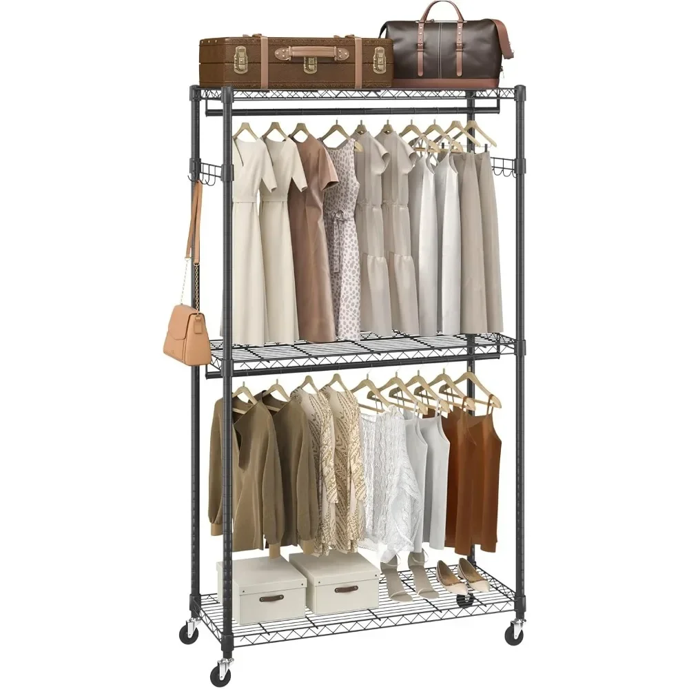 

Heavy Duty Coat Rack, Rolling Clothes Rack with 3 Storage Layers, 2 Poles and 2 Pairs of Side Hooks, Adjustable Height