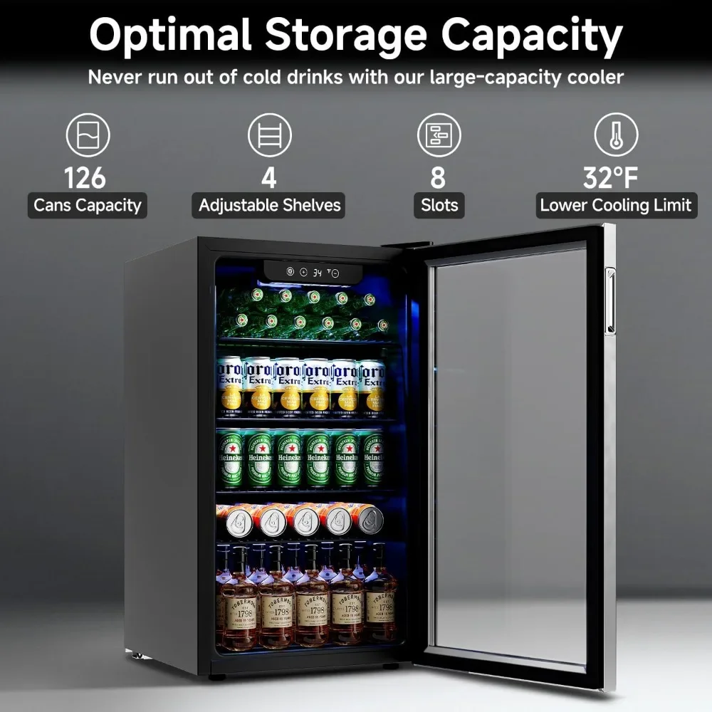 Wine Refrigerator with Glass Door, 4 Adjustable Shelves and 3.2 Cu.Ft, 126 Can Mini Fridge, Wine Cooler