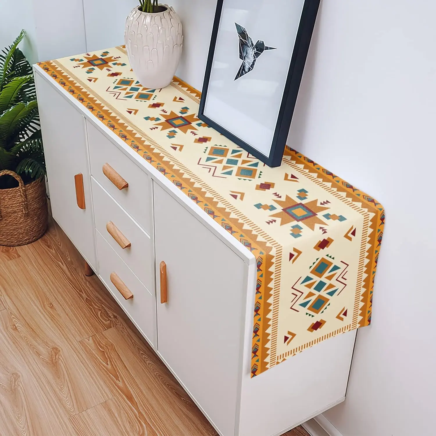 Southwest Orange Blue Ethnic Art Linen Table Runner Dresser Scarves Reusable Kitchen Dining Table Runners Wedding Party Decor