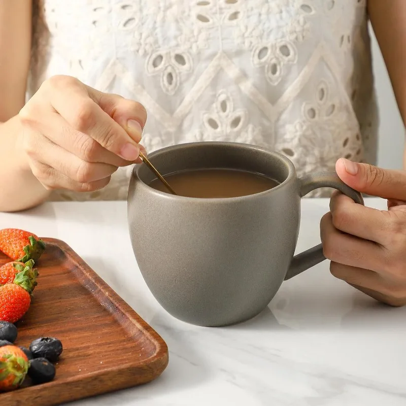 Juego de tazas de café de cerámica, tazas de café grandes de 16 oz, juego de 6 tazas con mango grande para capuchino, cacao, cereales, lindas tazas de café Latte, gris