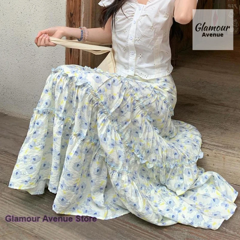 Korean style blue floral cake skirt skirt women's spring and summer new sweet and lovely high-waisted little A-shaped long skirt