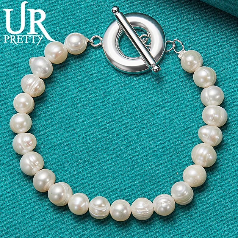 

URPRETTY 925 Sterling Silver OT Buckle Natural Pearl Chain Bracelet For Women Wedding Engagement Charm Jewelry Gift