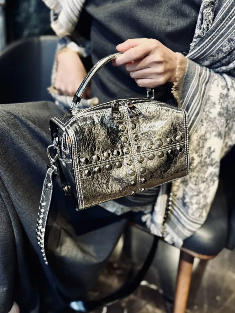 Handbag Tote Women Genuine Leather Single Shoulder Bags Zipper Fashion Rivets Silver Cowhide Personality Casual Crossbody Bags