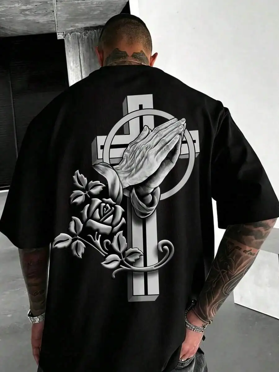 Men's White T-Shirt With Praying Hands, Cross, And Rose Pattern Unique Design Casual T-Shirt, Round Neck, Short Sleeves, Perfect For Summer Outings An