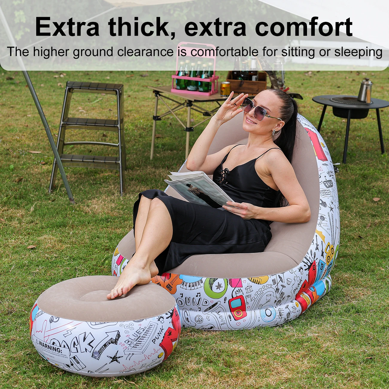 1PC Inflatable Lounger Chair with Ottoman, Portable Air Sofa for Outdoor Camping, Backyard, Patio, Beach Relaxing