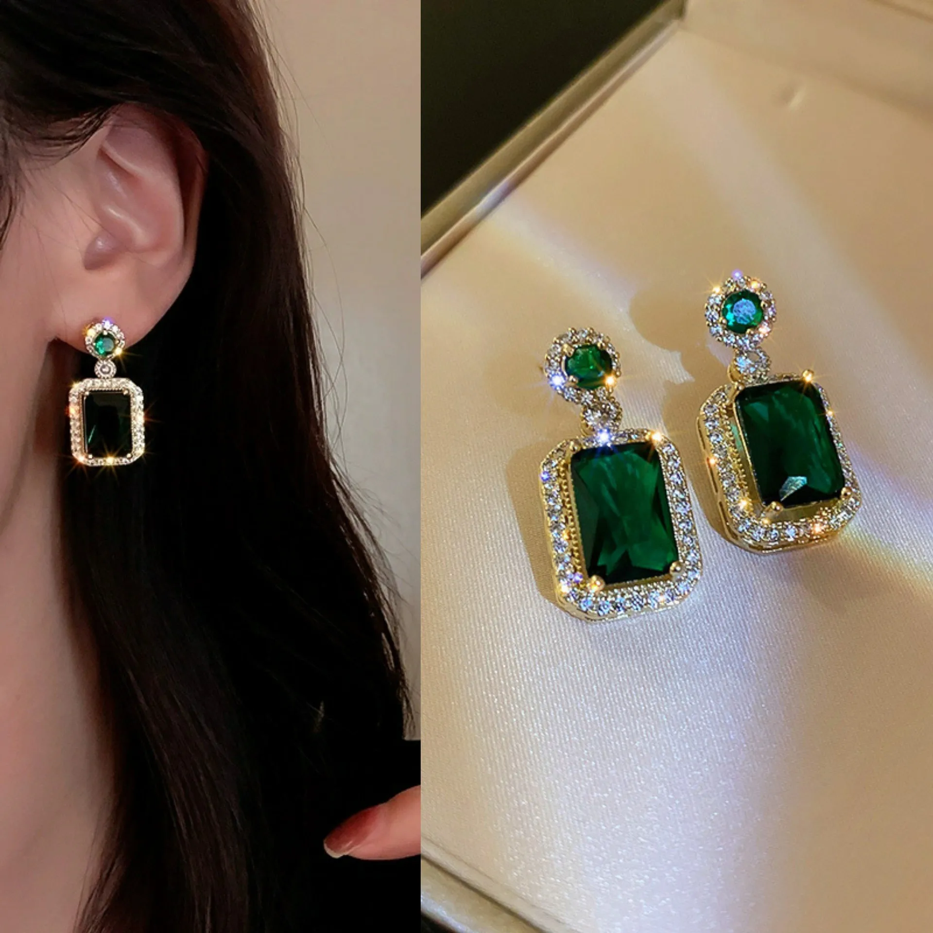 925 Silver Needle Korean Fashion Green Crystal Drop Earrings For Women Jewelry 2026 Trending New Luxury Shining Zircon Earrings