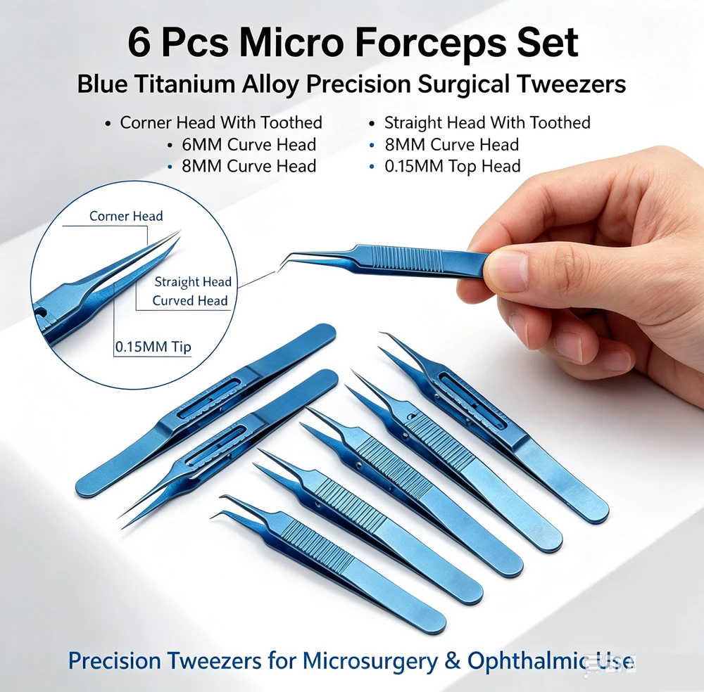 6pcs/Set Microsurgical Instruments 11.5cm Hair Transplant Titanium Alloy High-Quality Forceps Curved/Platform/Corn Head