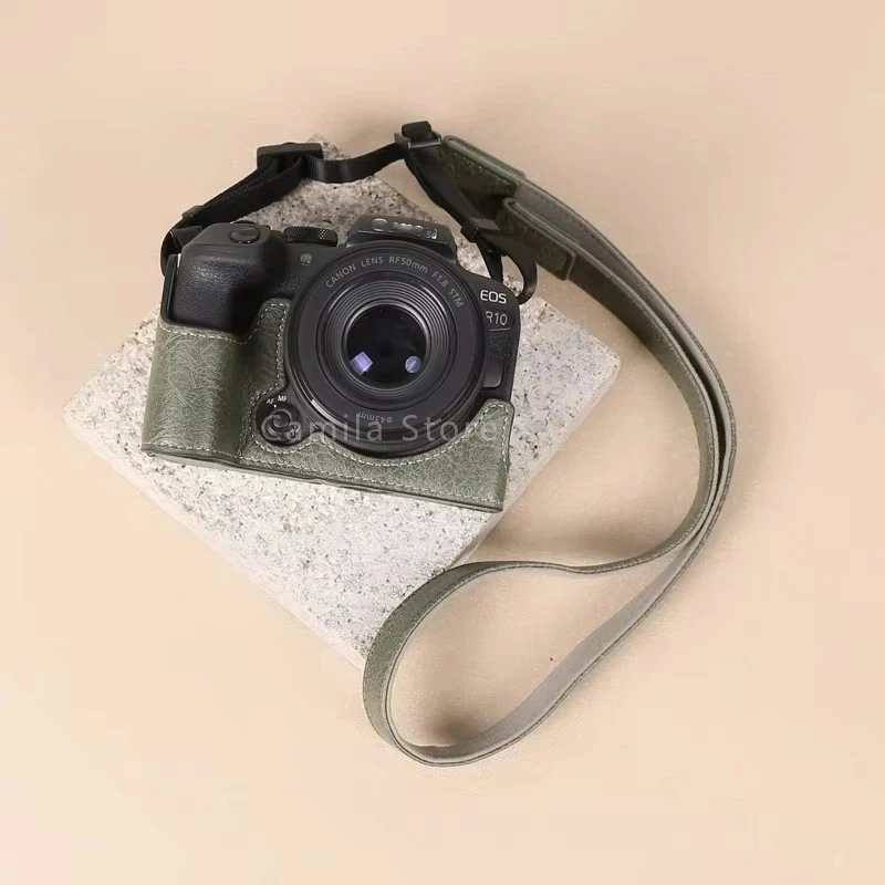 handwork Photo Camera Litchi grain anti-slip leather Bag Body BOX Case For canon R5 R6 II R10 Protective sleeve base Open batter