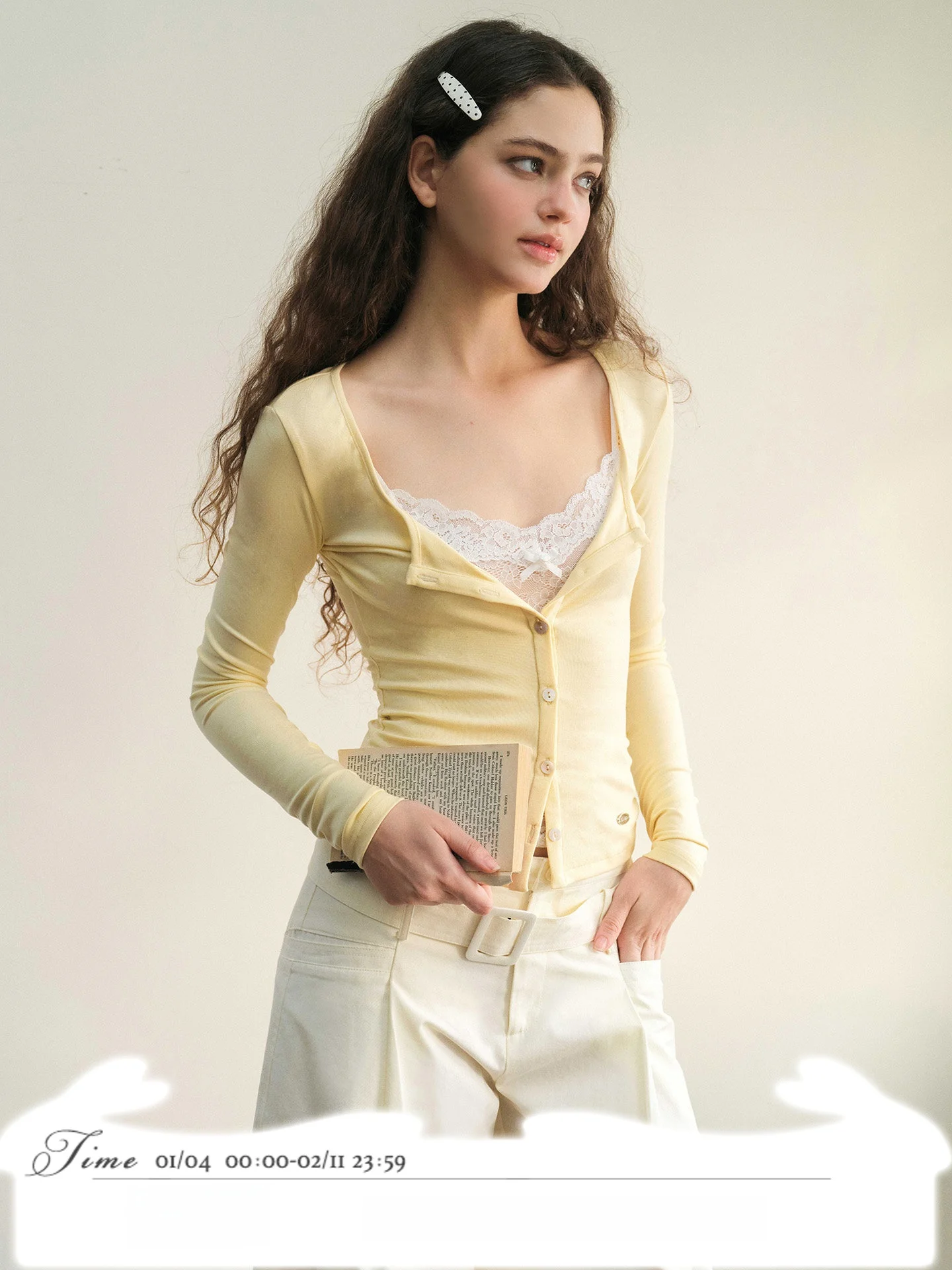 

Slim Fit Lace Patchwork Collar Long Sve Base irt Open Cardigan Top Yellowi White MineBeThyVers Women's Knittedwear