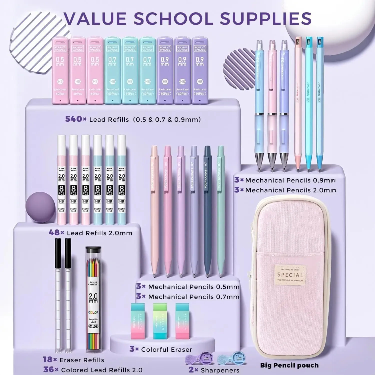 Four Candies 36PCS Learning Materials, Aesthetic School Supplies in Large Capacity Pencil Case, 12PCS Mechanical Pencils 0.5-2.0mm with 624PCS Lead Refills,Cute Aesthetic Mechanical Pencils for Writing,Drawing & Drafting, Back to School Supplies Shopping view 2
